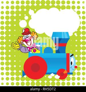 L'illustration montre un drôle de jouet locomotive sur un fond vert, ainsi qu'un clown de cirque, faisant valoir qu'un. L'illustration fait dans le panier de l'enfant Illustration de Vecteur