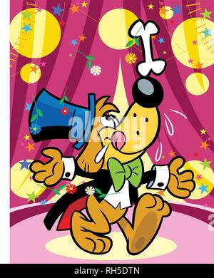 L'illustration montre un chien de cirque acrobatique qui fonctionne avec de l'os. Illustration faite sur des calques distincts dans un style de dessin animé. Illustration de Vecteur