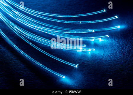 Faisceau de fibres optiques avec des lumières dans les extrémités. Fond bleu. Banque D'Images