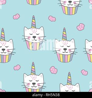 Transparente avec motif enfantin Cute cat licorne cupcake. La texture pour la création textile, papier peint, décoration, tissu Illustration de Vecteur