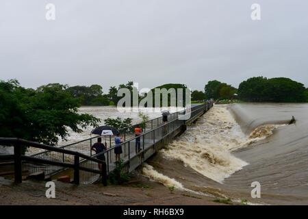 Des foules de gens qui suivent l'inondation de la rivière Ross à Aplin's weir, Queensland, Australie. Février 2019. L'inondation a continué de s'aggraver à mesure que le déluge a continué et plus d'eau a été libéré de l'enflement du barrage de la rivière Ross pour empêcher l'échec de la mur de barrage. Crédit : P&F Photography/Alamy Live News Banque D'Images