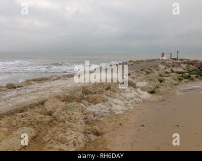 Plage de Sandbanks, Poole, Dorset, UK. 1er février 2019. La neige est tombée sur les collines de Purbeck, dans le Dorset, certains posés sur les plages. La marée haute brough dans de belles vagues et c'était agréable de marcher sur la plage. Suzanne crédit McGowan / Alamy Live News Banque D'Images