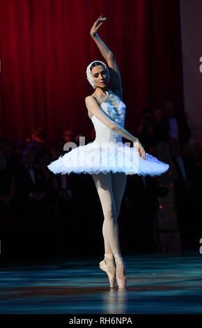01 février 2019, Saxe, Dresde : Svetlana Zacharova apparaît à la 14e opéra Semper Ball. La devise de cette année, la balle est 'Fascination Dresden - rêves'. Photo : Jens Kalaene Zentralbild-/dpa/afp Banque D'Images