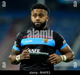 Huddersfield, UK. , . 01 février 2019. John Smiths Stadium, Huddersfield, Angleterre ; Rugby League Super League, Betfred Une ronde Huddersfield Giants vs Salford Red Devils ; Akuila Uate fait ses débuts Huddersfield Giants marquant un essai. Credit : Dean Williams/Alamy Live News Banque D'Images