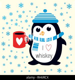 Funny cute penguin en bleu bonnet et écharpe avec red cup avec coeur. J'aime le whisky. Illustration de Vecteur