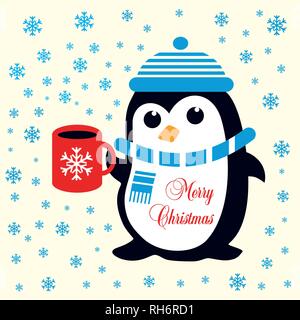 Funny cute penguin en bleu bonnet et écharpe avec red cup avec des flocons de neige. Pour Noël et le tissu, papier peint, papier cadeau. Illustration de Vecteur