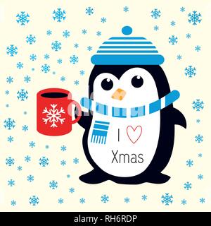 Funny cute penguin en bleu bonnet et écharpe avec red cup avec des flocons de neige. Pour Noël et le tissu, papier peint, papier cadeau. Illustration de Vecteur