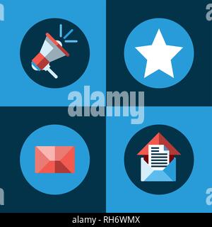 Vector illustration design plat affaires concept digital marketing mégaphone, star, enveloppe, chambre et remarque pour le site web et la promotion des bannières. Illustration de Vecteur