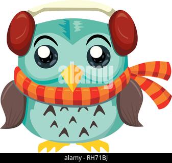 Vector Illustration of funny cute owl dans le casque. Noël, bleu, heureux Illustration de Vecteur
