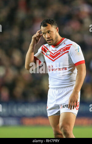 31 janvier 2019 , TOTALEMENT méchants, stade St Helens, Angleterre ; Betfred Super League, ronde 1, St Helens vs Wigan Warriors ; Joseph Paulo (12) de St Helens au cours du jeu Crédit : Mark Cosgrove/News Images Banque D'Images