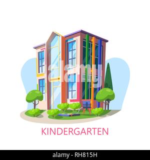 Bâtiment de l'école maternelle avec jeux pour enfants,preschool Illustration de Vecteur