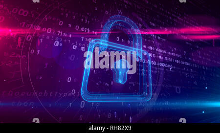 Cyber security concept abstrait. Contour 3D de cadenas sur l'arrière-plan numérique. Symbole de la sécurité de l'ordinateur 3D Illustration. Banque D'Images