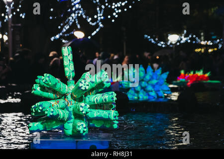 Londres, Royaume-Uni - 26 janvier 2019 : Les installations à feux d'hiver, les feux annuels et installations festival à Canary Wharf. Canary Wharf est un financ Banque D'Images