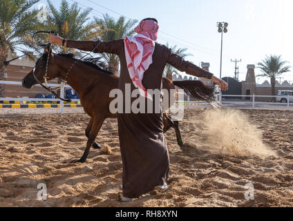 L'Arabie l'homme avec son cheval arabe dans Alhazm stud, Province de Najran, Khubash, l'Arabie Saoudite Banque D'Images