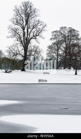 Neige scène Parc de Verulam, St Albans, Hertfordshire, Royaume-Uni Banque D'Images