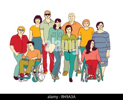 Personnes handicapées groupe communautaire couleur Illustration de Vecteur