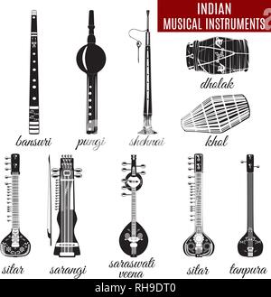 Vector set d'instruments de musique indienne, plat traditionnel. Sarangi, sitar, saraswati veena, shehnai, bansuri, pungi, dholak et khol icônes isolé sur whit Illustration de Vecteur