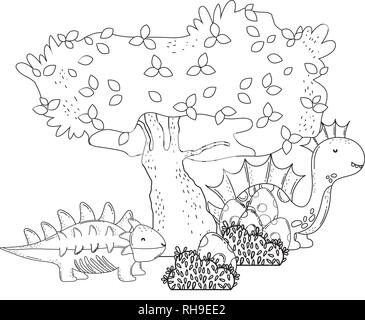 Cute couple dinosaures dans le paysage personnages Illustration de Vecteur