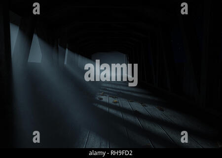 Le rendu 3D d'un vieux pont de bois couvert à assombrir la nuit de brouillard Banque D'Images