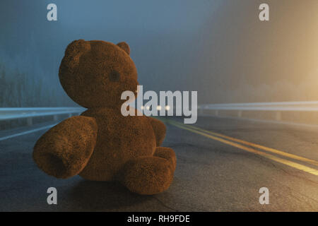 Le rendu 3D de l'abandon des ours qui assis sur la route et d'attente dans la nuit Banque D'Images