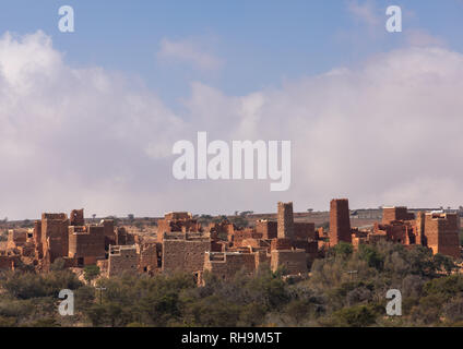 Maisons de boue et de pierres d'ardoises dans un village, province d'Asir, Sarat Abidah, l'Arabie Saoudite Banque D'Images