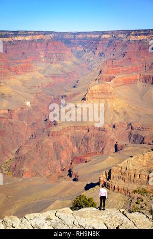 Femme, personne debout en face de la gigantesque gorge de la Grand Canyon, vue de Rim Trail, entre Mather Point et Yavapai Banque D'Images