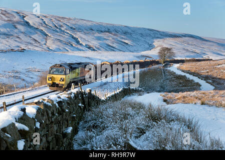 Train transportant des grumes à l'étude les œuvres Kronospan à Capestang, ici vers le sud sur la ligne de chemin de fer Settle-Carlisle à Ribblehead, Yorkshire du Nord Banque D'Images