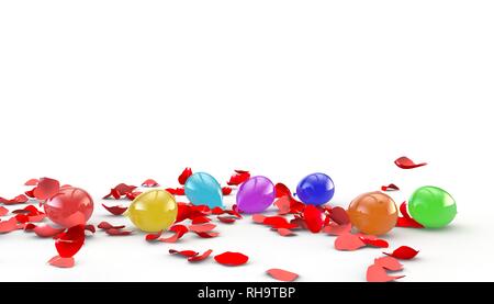 Pétales d'une rose rouge voler sur des ballons multicolores. Isolé sur fond blanc. 3D illustration Banque D'Images