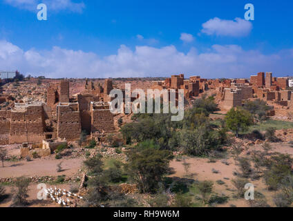 Maisons de boue et de pierres d'ardoises dans un village, province d'Asir, Sarat Abidah, l'Arabie Saoudite Banque D'Images