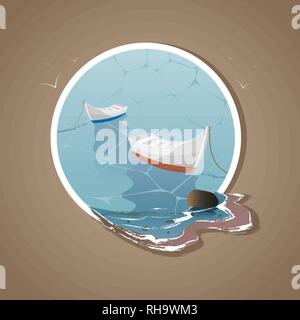 Bateau naviguant en mer bleue. Les bateaux sont mis en place à proximité de l'embarcadère en eps 10 cadre blanc Illustration de Vecteur