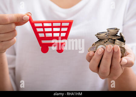 Close-up of a Woman Holding Shopping Cart et de pièces Banque D'Images