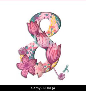 Bannière pour la Journée internationale des femmes. Prospectus pour le 8 mars, avec le décor de fleurs. Invitations avec le numéro 8 dans le style de coupe du papier avec un Illustration de Vecteur