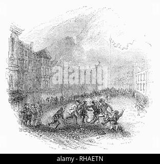 Un jeu de football de rue dans le Strand dans la ville de Westminster, au centre de Londres. La rue a été populaire auprès de la haute bourgeoisie britannique entre la 12ème et 17ème siècles, avec de nombreux hôtels particuliers construits historiquement importante entre le Strand et la rivière. Ces inclus Essex House, Arundel House, Somerset House, Savoy Palace, Durham House et Cecil House. L'aristocratie s'installe à l'extrémité ouest de la 17e siècle, à la suite de laquelle le Strand est devenu bien connu pour les cafés, restaurants et tavernes. Banque D'Images