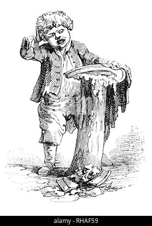 De William Hogarth est quatre fois de la journée, à midi, un garçon a fixé son pie pour se reposer, mais la plaque est cassée, déversant la tarte sur le sol. Les caractéristiques du garçon sont calqués sur ceux d'un enfant à l'avant-plan de ses première version de l'Enlèvement des Sabines, le garçon pleurer sur son gâteau perdu a apparemment été esquissés par Hogarth après qu'il a été témoin de la scène un jour, alors qu'il était d'être rasée. Banque D'Images
