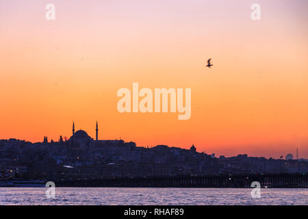 Istanbul, Turquie : Skyline au coucher du soleil vu à travers la corne d'or. Banque D'Images