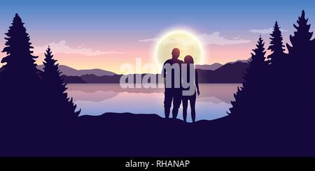 Jeune couple ressemble à la pleine lune au magnifique lac illustration vecteur EPS10 Illustration de Vecteur