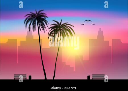 Côté Plage et palmiers tropicaux avec coucher de soleil en arrière-plan du paysage de la ville, vecteur, illustration, fichier eps 10 Illustration de Vecteur