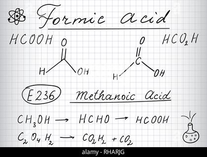 L'acide formique (methanoic) molécule. Dessin à la main, feuille de papier dans une cage.Vector illustration Illustration de Vecteur