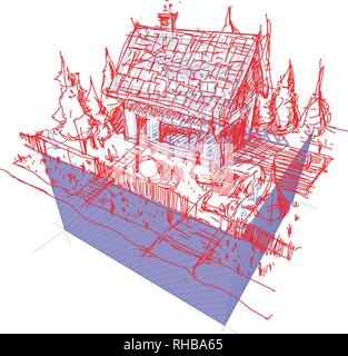 3d illustration du diagramme d'un cadre à la construction de croquis dessinés à la main, simple maison individuelle avec clôture et arbres et location Illustration de Vecteur