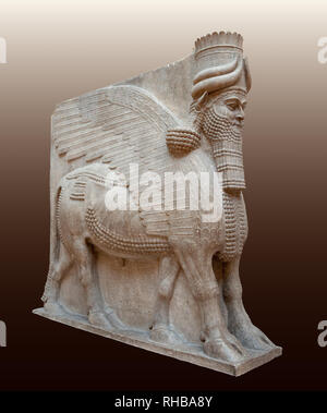 Lamassu. De Khorsabad, de l'Iraq. Gypseous l'albâtre. Isolé avec chemin de détourage. Banque D'Images