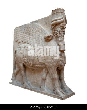 Lamassu. De Khorsabad, de l'Iraq. Gypseous l'albâtre. Isolé avec chemin de détourage. Banque D'Images