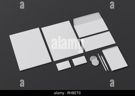 Identité de l'entreprise. Maquette de mise en place de la marque de papeterie sur fond noir Banque D'Images