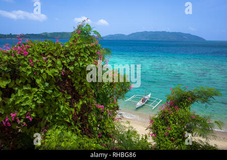 Petit bateau de pêche blanche fleur rose à travers les buissons près de Bon Bon, plage de l'île, notamment les Philippines Banque D'Images