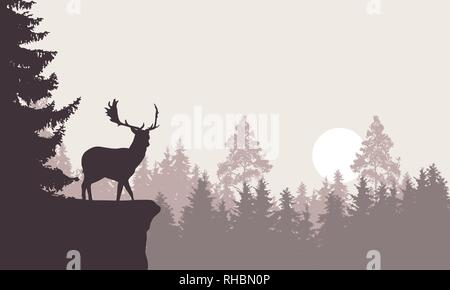 Illustration réaliste d'un paysage de montagne avec une forêt avec le cerf debout sur un rocher. Ciel rétro avec lever du soleil ou de la lune - vector Illustration de Vecteur