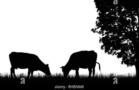 Illustration réaliste avec deux silhouette de vache au pâturage, l'herbe et l'arbre, isolé sur fond blanc - vector Illustration de Vecteur