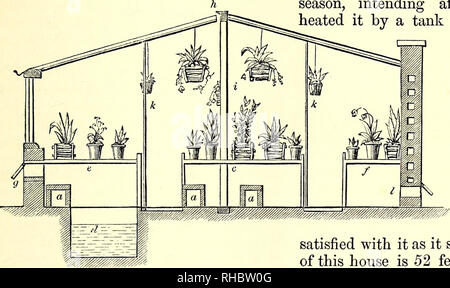 . Le livre du jardin. Le jardinage. ORCHID-Maisons. 407 sur le toit ; et, lorsque cela ne suffit pas, par un tuyau sur le grand réservoir. La Chambre se joint à la chambre de camélias sur une extrémité, et la deuxième chambre Orchidée-sur l'autre. Dans la section fig. 558 l'arrangement sera vu plus clairement : a a a a la Fig. 558. saison, piscine chauffée., cheminées ; d la citerne d'eau ; c le centre ou à l'usine principale table ; table ; e l'avant / l'arrière table ; g/ventilateurs ; h ; ventilateur ridge je soutien de ridge ; h h de barres de fer soutenant les chevrons, pour leur permettre de supporter le poids de suspension plantes Banque D'Images