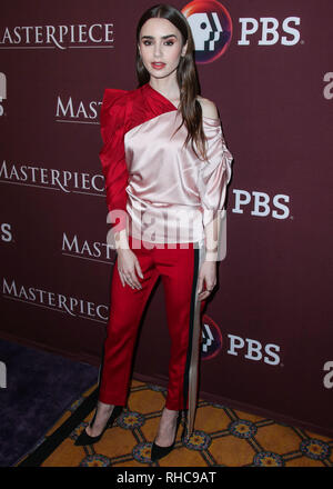 PASADENA, LOS ANGELES, CA, USA - 01 février : L'actrice Lily Collins portant un Hellessy top et pantalon assiste à la PBS Masterpiece Photocall - 2019 Winter TCA Press Tour - Jour 4 tenue à l'hôtel Langham Huntington le 1er février 2019 à Pasadena, Los Angeles, Californie, États-Unis. (Photo par Xavier Collin/Image Press Office) Banque D'Images