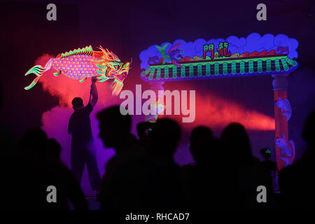 Singapour. 1er février, 2019. Répéter les artistes show 'Carpes sautant par-dessus la porte du Dragon' dans l'Supertree Grove au Singapore's Gardens by the Bay on fév 1, 2019. Gardens by the Bay présentera la performance 'Carpes sautant par-dessus la porte du Dragon' pendant la période du Nouvel An chinois le 9 février et 10 dans le cadre de la fête du Nouvel An chinois. Credit : Puis Chih Wey/Xinhua/Alamy Live News Banque D'Images