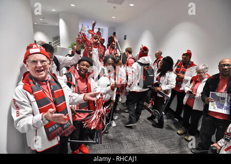 Atlanta, GA, USA. 28 janvier, 2019. Les bénévoles de l'équipe ATL rassembler avant de partir après l'inscription au Siège de l'équipe ATL pour le Super Bowl 53 à AmericasMart Atlanta à Atlanta, GA. McAfee Austin/CSM/Alamy Live News Banque D'Images