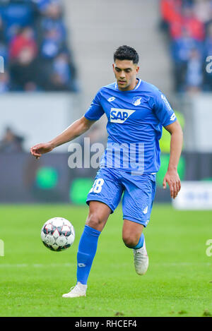 L'Allemagne. 02 févr., Berlin, 2019. Soccer : Bundesliga, 1899 Hoffenheim - Fortuna Düsseldorf, 20e journée, dans le PreZero Arena. L'Amiri Nadiem Hoffenheim joue la balle. Credit : Uwe Anspach/DPA - NOTE IMPORTANTE : en conformité avec les exigences de la DFL Deutsche Fußball Liga ou la DFB Deutscher Fußball-Bund, il est interdit d'utiliser ou avoir utilisé des photographies prises dans le stade et/ou la correspondance dans la séquence sous forme d'images et/ou vidéo-comme des séquences de photos./dpa/Alamy Live News Crédit : afp photo alliance/Alamy Live News Crédit : afp photo alliance/Alamy Live News Banque D'Images